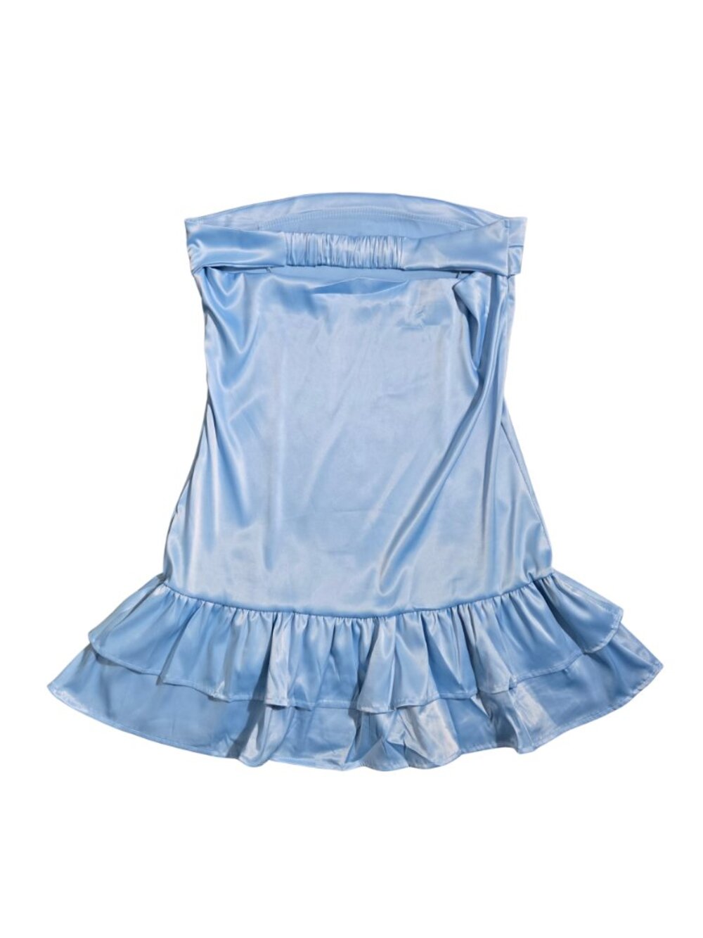 NWT | MTGGD | Powder Blue Satin Strapless Tiered Ruffle Hem Mini Dress | Large - Picture 3 of 7